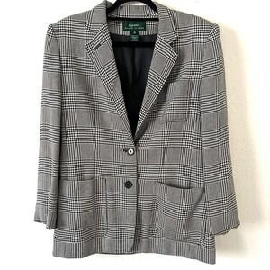 Lauren Ralph Lauren Sz 10 Houndstooth Blazer Womens Academia Black White‎ Plaid